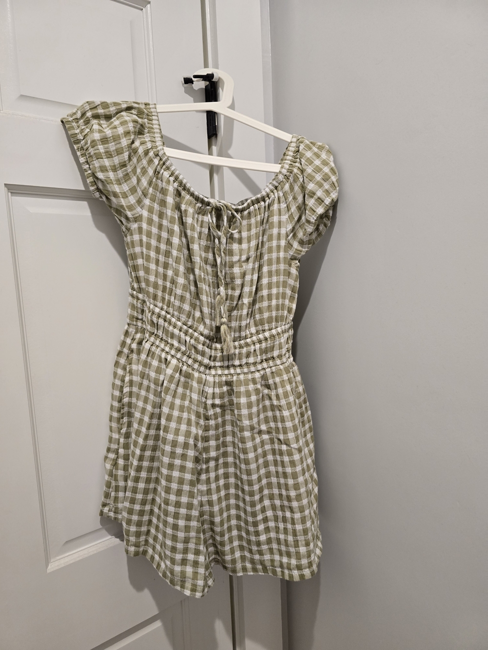 Women's Olive Green Gingham Cotton Romper - AMERICAN EAGLE